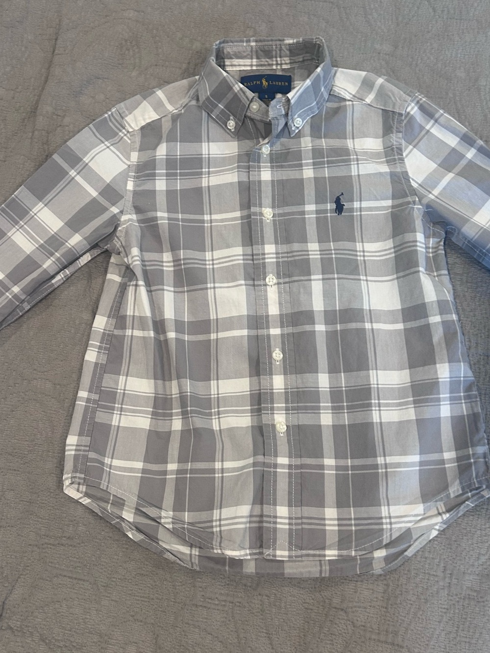 Ralph Lauren Boys Gray and White Plaid Button-Down Shirt